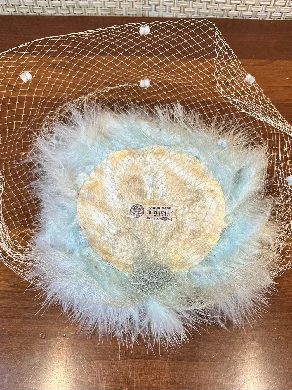 VTG 1960s Tiffany Blue Marabou Feather Birdcage Fascinator Cocktail Hat - Picture 10 of 11